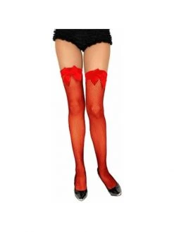 Charades Adult Red Fishnet Thigh High Stockings With Lace Top & Bow Costume Leggings