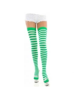 Charades Adult Green & White Striped Thigh High Stockings