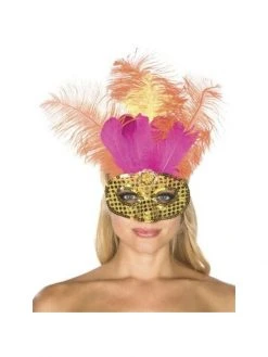 Be Wicked Adult Gold Sequin Carnival Eye Mask With Feathers Masks